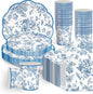 100pcs Blue Floral Paper Plates Napkins Flower Scalloped Tableware | Disposable by Detanpoly