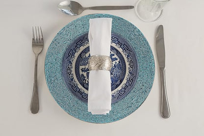 Lightnpro Beaded Placemats Set of 4 - Round Handmade Farmhouse Table Chargers - Decorative Glitz Placemats for Dining Table, Holiday Parties, Wedding, Kitchen & Event Décor - 13 Inch Teal