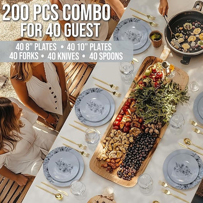 Trendables Fancy Plastic Dinnerware Sets 200 Pc 40 Guests Gold Silverware Disposable 40 X 10 Inch Charger Plates 40 X 8 Inch Dessert Plates 40 x Gold Plastic Forks and Spoons Knives In Dandelion Bloom