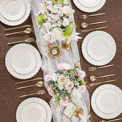 U-QE 60 Pcs Ivory Plastic Plates with Gold Trim – Scalloped Plate Disposable for Party - Elegant Plastic Plates Include 30 10.25" Dinner & 30 7.25" Dessert Plates for Party & Valentines Day