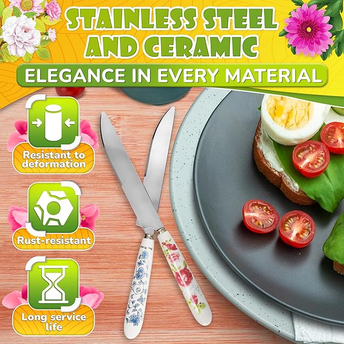 Butter Knife Set of 6, Floral Ceramic Handle, Stainless Steel Blade | Small - Image 3