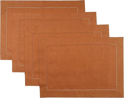 D'Moksha Homes Rust Linen Placemats Set of 4 - Classic Hemstitch Placemats 14 x 19 Inch - 100% Pure Linen Table Mats for Spring, Easter - Handcrafted and Machine Washable