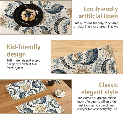 Sun Moon Stars Placemats, Boho Celestial Placemats 12x18 Inch Waterproof Non-Slip Washable Table Mats for Kitchen Dining Party Table Decor,Set of 6