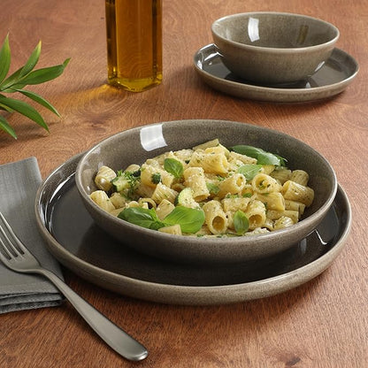Gibson Elite Berea 16 Piece (Service for 4) Plates and Bowls Reactive Glaze Round Dishes Stoneware Ceramic Dinnerware Set -Taupe