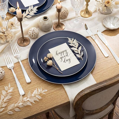 KIRE 200PCS Blue Plastic Plates with Silver Rim - Navy Blue Plastic Plates Include 100 Dinner & Dessert Plate - Heavy Duty Dark Blue Disposable Plate for Hanukkah/Parties/Wedding