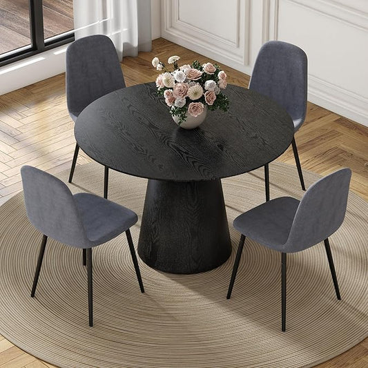 Round Dining Table Set for 4, 45" Modern Faux Marble Kitchen Table and Upholstered Chairs, 5 Piece Small Circle Dinette Set for Dining Room, Kitchen (Black Set)