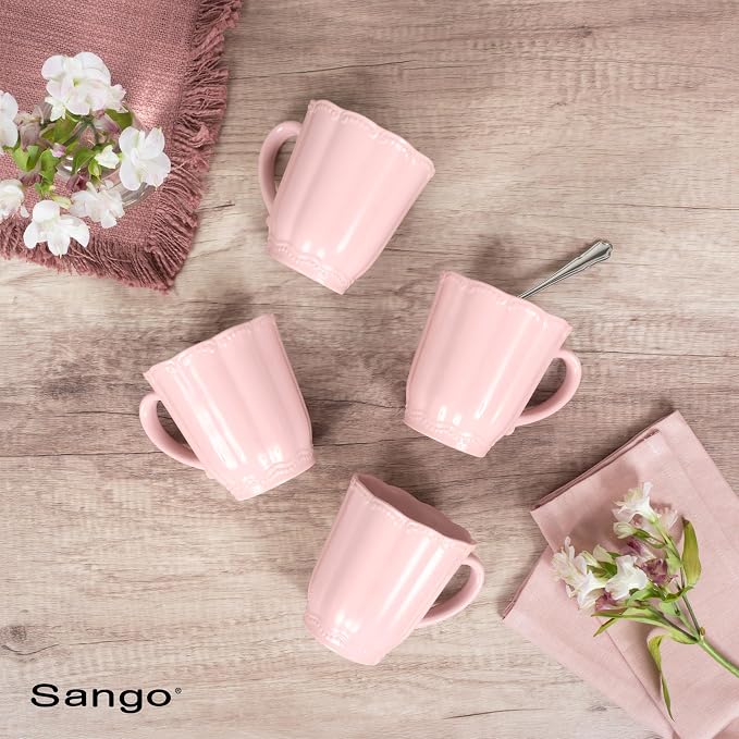 SANGO Bethany Pink Mugs Set of 4, 15 oz Stoneware Pink Coffee Mugs, Vibrant - Image 8