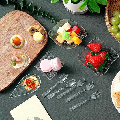 Tessco 800 Pcs Mini Appetizer Plates Set Including 400 Disposable Dessert Plates Assorted Shape 200 Mini Plastic Forks 200 Plastic Spoons for Party(Clear, Silver,Classic)