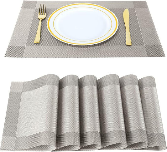Placemats, Place Mats for Kitchen Dining Table, Heat-Resistant Anti-Skid Stain Washable PVC Table Mats, Easy to Cleaning Woven Vinyl Dinner Mats (Silver, 6 Pack)