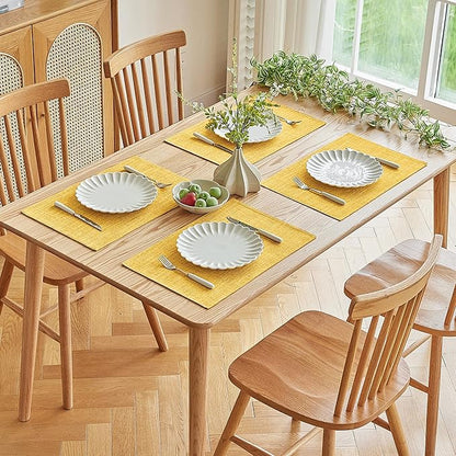 Softalker Faux Linen Placemats Set of 8-12 x 18 Inch, Heat Resistant Double Layered Durable Burlap Farmhouse Place Mats, Non-Slip Washable Rustic Table Mats for Dining, Kitchen, Party（Yellow