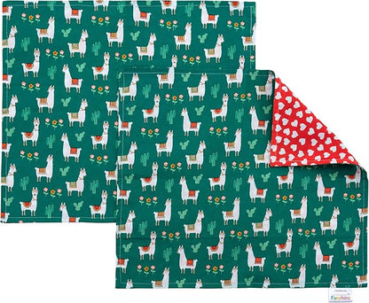 Funkins Reusable Cloth Placemats for Kids & Lunch Boxes | Reusable, Eco-Friendly | 15"x13", 2-ply, Thick, Absorbent, Machine Washable | Set of 2 Placemats (Llamas)