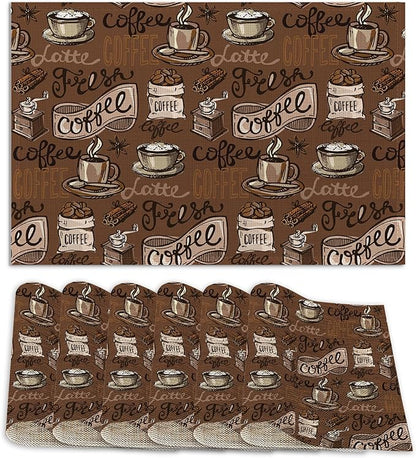 Retro Coffee Cup Placemats Set of 6 Linen Washable, Heat-Resistant 12x18 InchTable Place Mats for Kitchen Dining for Home Party Holidays