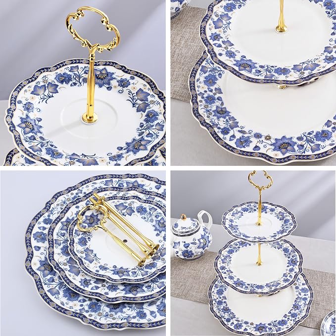 fanquare 3-Tier Elegant British Blue Floral Porcelain Cupcake Stand | Fruit - Image 2