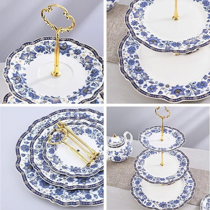 fanquare 3-Tier Elegant British Blue Floral Porcelain Cupcake Stand | Fruit - Image 2