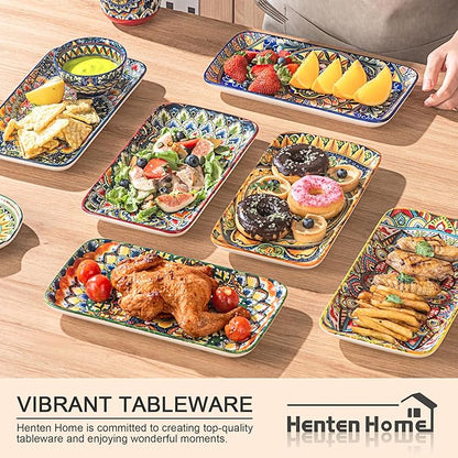 Henten Home Porcelain 10 Inch Dinner Plates, Ceramic Rectangular Salad Plate Set of 6, Bohemian Serving Dishes for Sushi, Pasta, Appetizer, Microwave & Dishwasher Safe