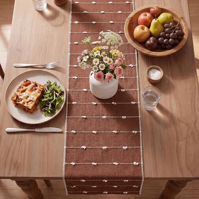 Artoid Mode Caramel Farbic Rustic Cotton Woven Table Runner, Farmhouse Fall - Image 4