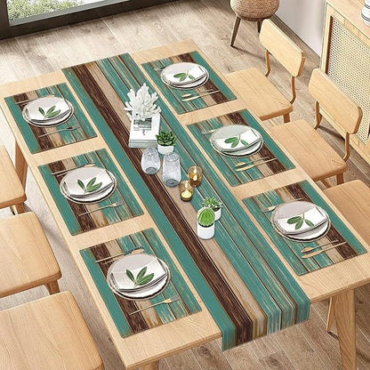 Table Runner and Placemats Set of 6, Farmhouse Teal | Blue Board Painting Art by ArtSocket