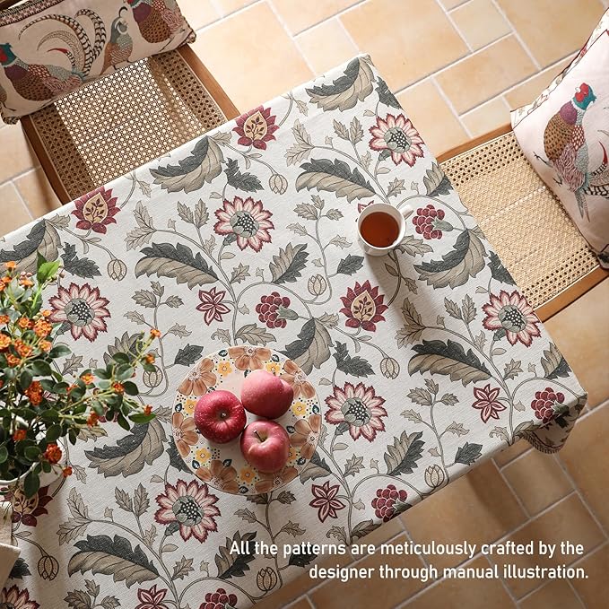 ISAENNE Designer Provence Floral Extra Long Tablecloth Rectangle,Linen Colorful Washable Indoor Table Cloth,Durable Decor Tablecloths for Dining Thanksgiving Kitchen Christmas,63"*110"-Ratina