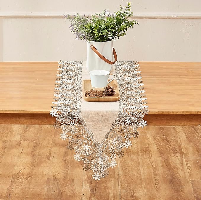 Natural Beige Floral Lace Table Runner Dresser Scarf | Rustic Farmhouse Style - Image 2