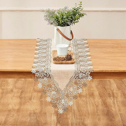 Natural Beige Floral Lace Table Runner Dresser Scarf | Rustic Farmhouse Style - Image 2