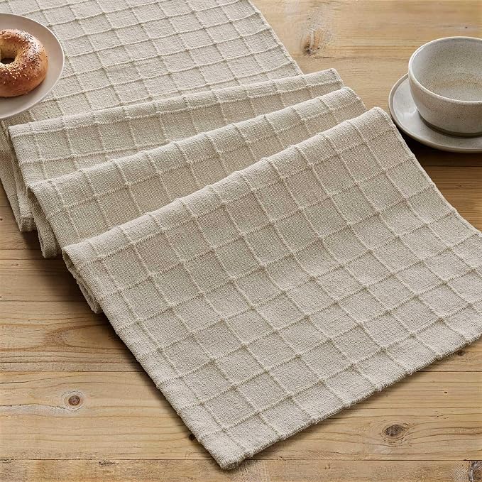 Artisanal Grid Linen Table Runner, 13x90 Inches Neutral Beige | Heavy Textured - Image 2