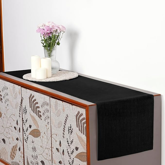 D'Moksha Homes Linen Black Table Runner 144 Inches Long - 100% Pure Linen Extra Long Table Runner 14 x 144 Inch for Spring, Easter - Machine Washable