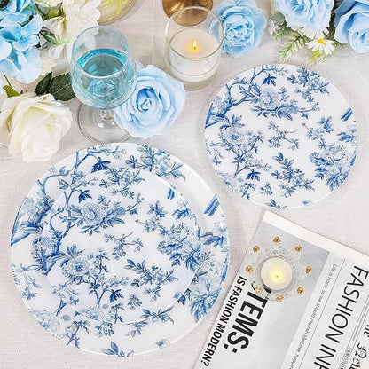 EI 60pcs Blue Plastic Plates Disposable Heavy Duty,Blue and White Floral Disposable Plates,10.25" Dinner & 7.5" Dessert Plate,Natural Fresh and Elegant Decorations for Birthdays/Tea Party/Wedding