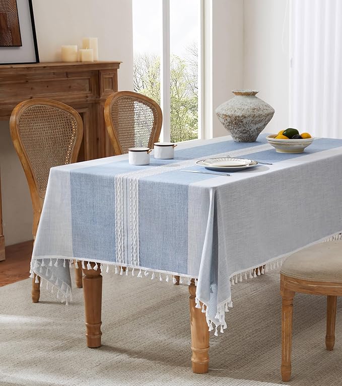 ZeeMart Contrast Linen Table Cloth Square Table Cloths 52x52 Inch Mid-Stripe Blue, Farmhouse Style Heavy Weight Dusty Blue Tablecloth, Water Resistant Burlap Tablecloths