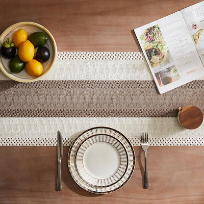 Macrame Style Bicolor Stitching Table Runner 14x72in Cocoa Brown | Woven Boho - Image 4