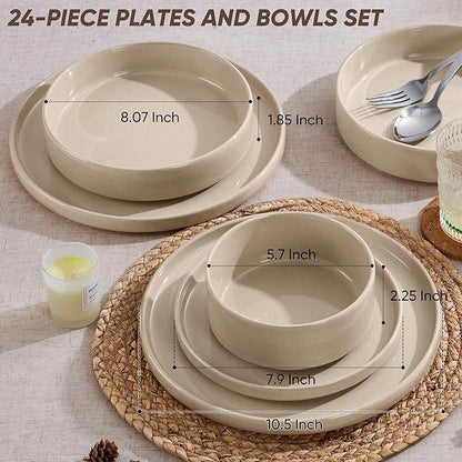 E-far Dinnerware Sets with Pasta Bowls, 24-Piece Stoneware Plates and Bowls Sets for 6 | Microwave & Dishwasher Safe Kitchen Modern Dish Set, Speckled Khaki