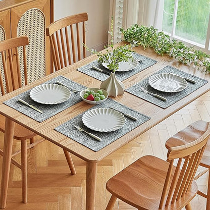 Softalker Faux Linen Placemats Set of 8-12 x 18 Inch, Heat Resistant Double Layered Durable Burlap Farmhouse Place Mats, Non-Slip Washable Rustic Table Mats for Dining, Kitchen, Party（Ash Grey
