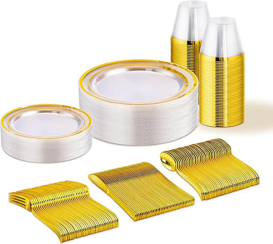 150 PCS Clear Gold Disposable Dinnerware Set for 25 Guests, Clear and Gold Plastic Plates for Party, 25 Dinner Plates, 25 Salad Plates, 25 Cups, 25 Spoons Forks Knives for Wedding and Party Supplies