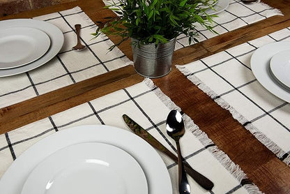 Sticky Toffee Woven Cotton Placemats Set of 4, Cream Farmhouse Plaid, 14 x 19 in, Washable Table Mats for Kitchen or Dining Table