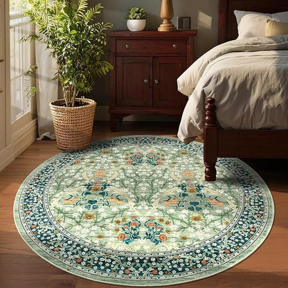 GarveeHome Sage Green Floral 6 ft Round Rug Washable Non-Slip Soft Low Pile Circle Carpet Vintage Rugs for Kitchen Bedroom Nursery Dining Living Room