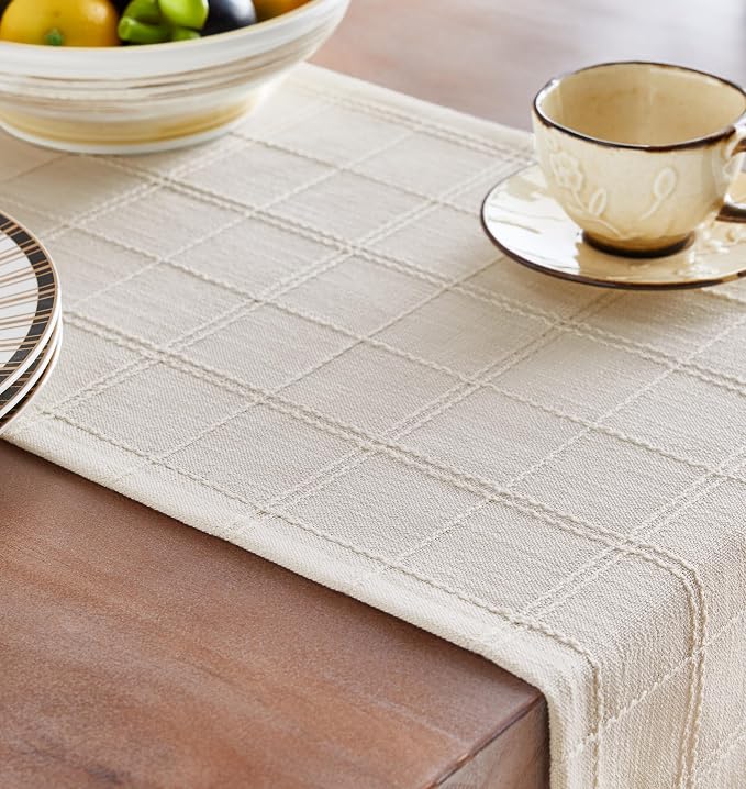 Linen Checked Farmhouse Table Runner, 13x108 Inches Ivory | Raised Grid Design - Image 5