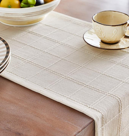 Linen Checked Farmhouse Table Runner, 13x36 Inches Ivory | Raised Grid Design - Image 5