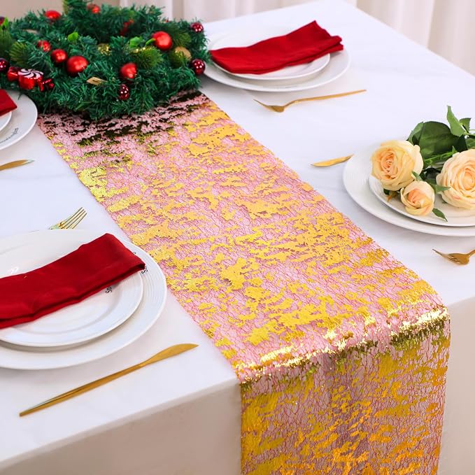 Snowkingdom 2Pcs Gold Table Runner, 11×108 Inch Red and Gold Sequin Glitter by Snowkingdom