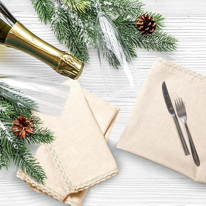 Lightnpro Cloth Dinner Napkins in Cotton Flax Fabric with Lace & Tailored Mitered Corners – 18x18 Inch Set of 12, Wedding, Baby Shower & Cocktail Napkin, Machine Washable Fabric Napkins Natural Color