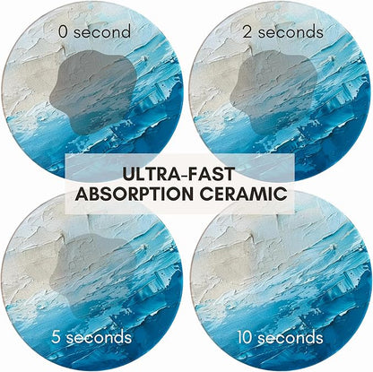 Ceramic Absorbent Coasters Set of 6 with Holder, Marble Drink Coasters for Coffee Table, Water-Absorbing Stone Coasters (Blue Waves Design)