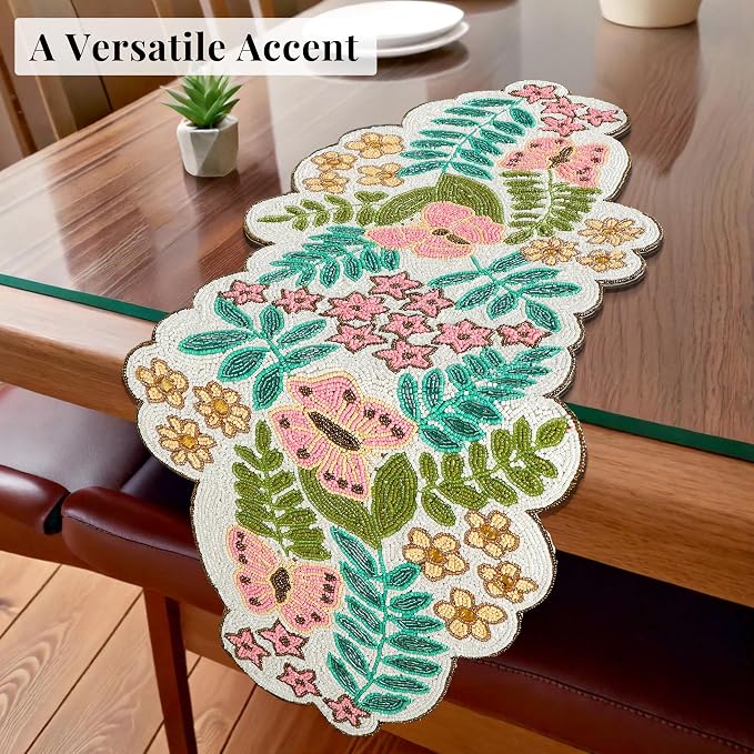 Spring Floral Beaded Table Runner, 13x36 | Glass beads, polyester backing - Image 8
