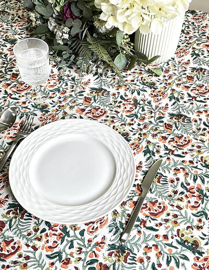 ATOSII Ambrosia Green 100% Cotton Round Tablecloth, Handblock Print Floral Table Cloth for Kitchen Dining Linen I Weddings, Outdoors, Thanksgiving, Christmas I Fall Home Decor I 72" Inches Round