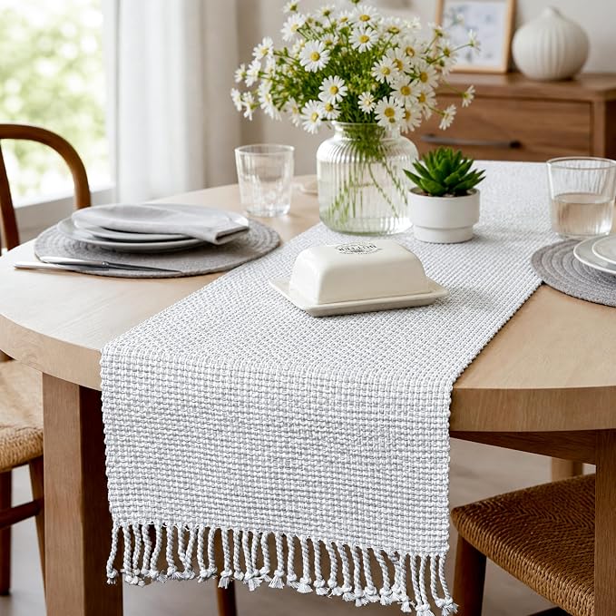Cotton Table Runner, 13x72 Inch, Neutral Grey White | Textured Woven Fabric by ChardinHome