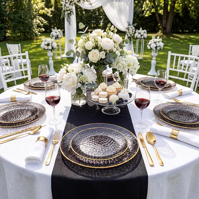 Rubtlamp 60Pcs Black Plastic Plates, Hammered Plastic plates Include 30 Dessert - Image 9