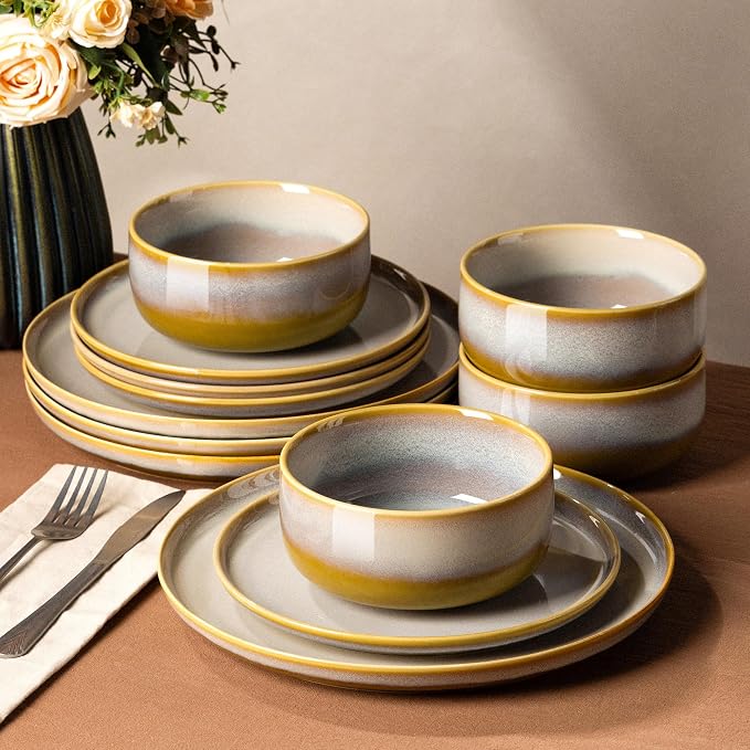 Ceramic Dinnerware Set for 4, 12-Piece Plates and Bowls Set | Handmade Reactive by TheTerra