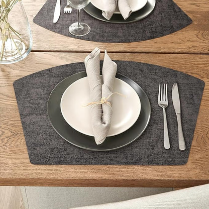 Round Table Placemats Set of 6, Faux Leather Wedge Shape Place Mats Heat Resistant Wipeable Washable Table Mats for Dining Outdoor Indoor, Black