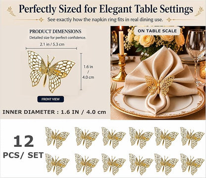 Gold Napkin Rings Set of 12 – Butterfly Design – Decorative Napkin Rings Gold - Image 2