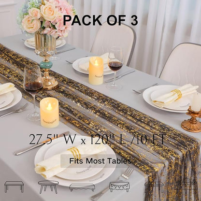 Snowkingdom 3 Pcs Black Gold Gauze Table Runner 10 FT 120 Inch, Sparkle Sheer - Image 2