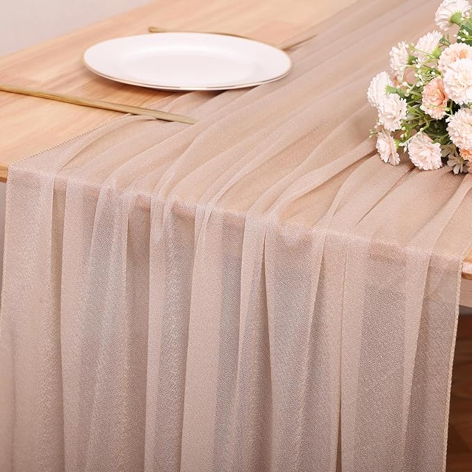 4 Pcs 10FT Champagne Chiffon Table Runners 30x120 Inches Sheer Tulle Boho Table - Image 4