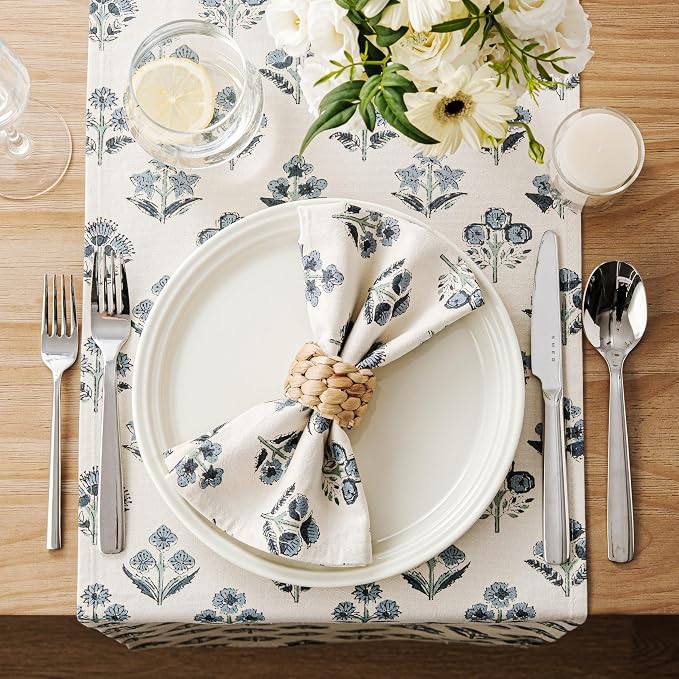 Block Print Floral Decorative Table Runners, 13x36 Inch Dusty Blue | 100% - Image 3