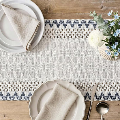Macrame Side Trim Boho Woven Table Runner, Dusty Blue 12x108 Inch | Crochet - Image 3